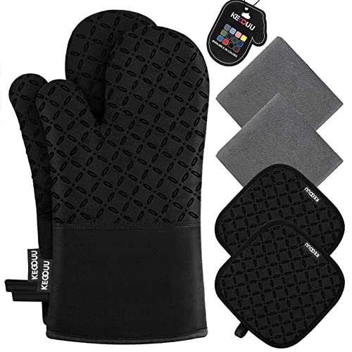 KEGOUU Oven Mitts and Pot Holders 6pcs Set, Kitchen Oven Glove High Heat Resistant 500 Degree Extra Long Oven Mitts and Potholder with Non-Slip Silicone Surface for Cooking (Black)