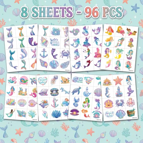 96 Mermaid Temporary Tattoos for Kids | Pre-Cut Party Favors