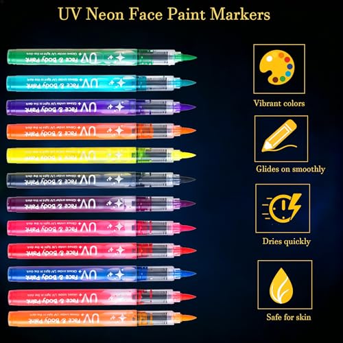 Glow in the Dark Face Paint Markers - 12 Neon UV Body Art Pens
