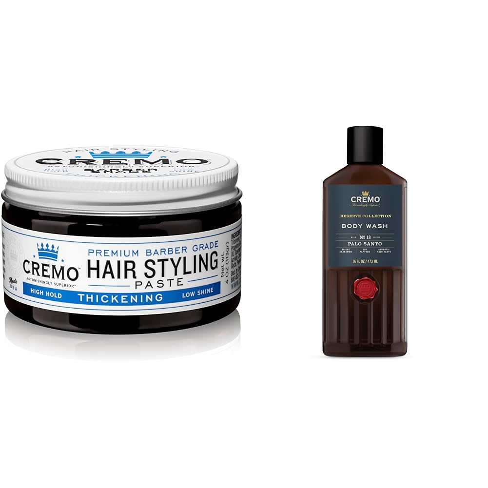 Cremo Barber Grade Hair Styling Thickening Paste and Palo Santo Body Wash Bundle, 4 Oz and 16 Fl Oz