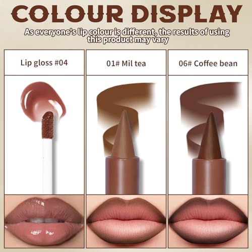 2 Colors Lip Liner with Lip Gloss Set, Moisturizing Light Brown Lip Pencil Dark Brown Lip Liner and Lip Gloss Combo, Long Lasting Glossy Lip Stain Lipstick Lip Care Makeup
