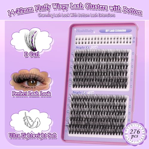 Lash Cluster with Bottom Lashes 14-22mm Long 30D+40D Thick Cluster Eyelash Extensions Flat D C Volume 276Pcs Individual Lashes Soft Wispy False Eyelashes DIY Lash Extension, by Hushlibaby
