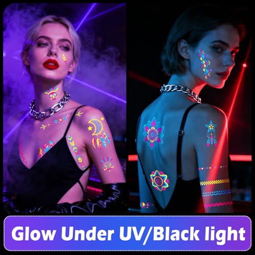 Glow in the Dark Tattoos 256+ PCS ? Luminous Party Supplies Neon Body Paint UV Face Temporary Tattoos for Adults Teens, 32 Sheets Neon Accessories Party Favors & Decorations