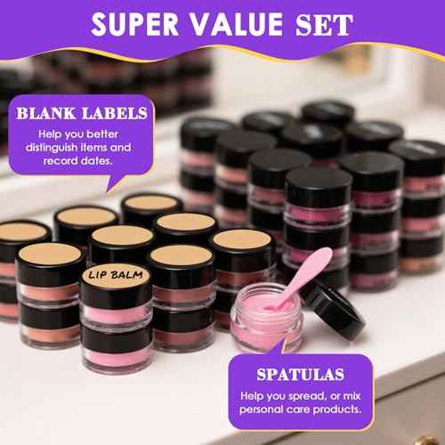 60 pcs 3 Gram Round Small Sample Containers with Lids Clear Plastic Mini Sample Jars for Creams, Powders, Glitters, 3ml Lip Balm Containers with Spatulas Labels