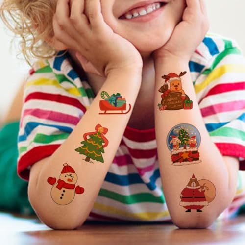 Christmas Temporary Tattoos for Kids - 74 Individually Sheets Santa Claus & Snowman Tattoos for Kids' Xmas Party Favors, Stocking Stuffer, Christmas Eve Gift