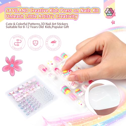 SAVILAND Kids Press On Nails 6 Pack with 3D Stickers - Pre-Glue Full Cover Short Acrylic Tips (Pink Purple Yellow Blue)
