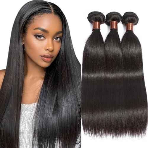 Peruvian Virgin Hair Straight Hair 3 Bundles 12 14 16 Inch Human Hair Bundles 100% Unprocessed Remy Hair Extensions Raw Quick Weave Sew In Hair Bundles Double Wefts Nature Black Color