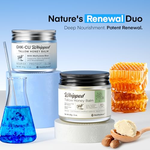 Beef Tallow Balm Duo ? Copper Peptide Blue Balm + Honey Tallow Moisturizer ? Natural Face & Body Care for Dry, Mature & Sensitive Skin ? 4oz Total