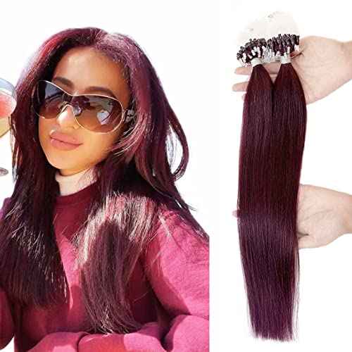 18 Inch Microbead Human Hair Eextensions Real Straight Hair Micro Link Extensions Hair Salon Quality Color #99J Red Wine Micro Ring Hair Extensions Human Hair Remy Soft 50 Grams 50 Strands