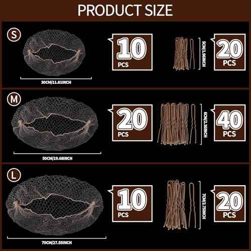 Teenitor Hair Nets For Buns, 3 Sizes Hair Bun Nets For Ballet Girls(12, 20, 28 Inch), 80pcs U Shape Bobby Pins and 40pcs Hairnets For Dance Buns Maker, Tan Brown