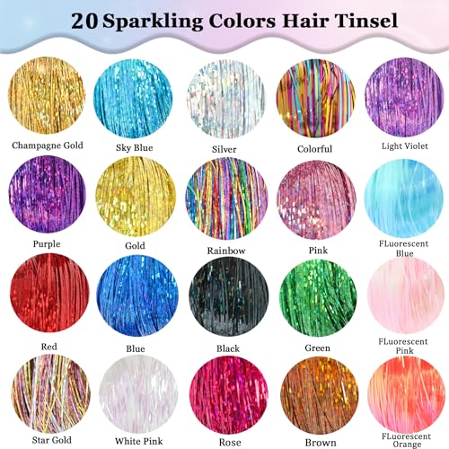 Hair Tinsel Kit 20 Colors 8800 Strands with Tools