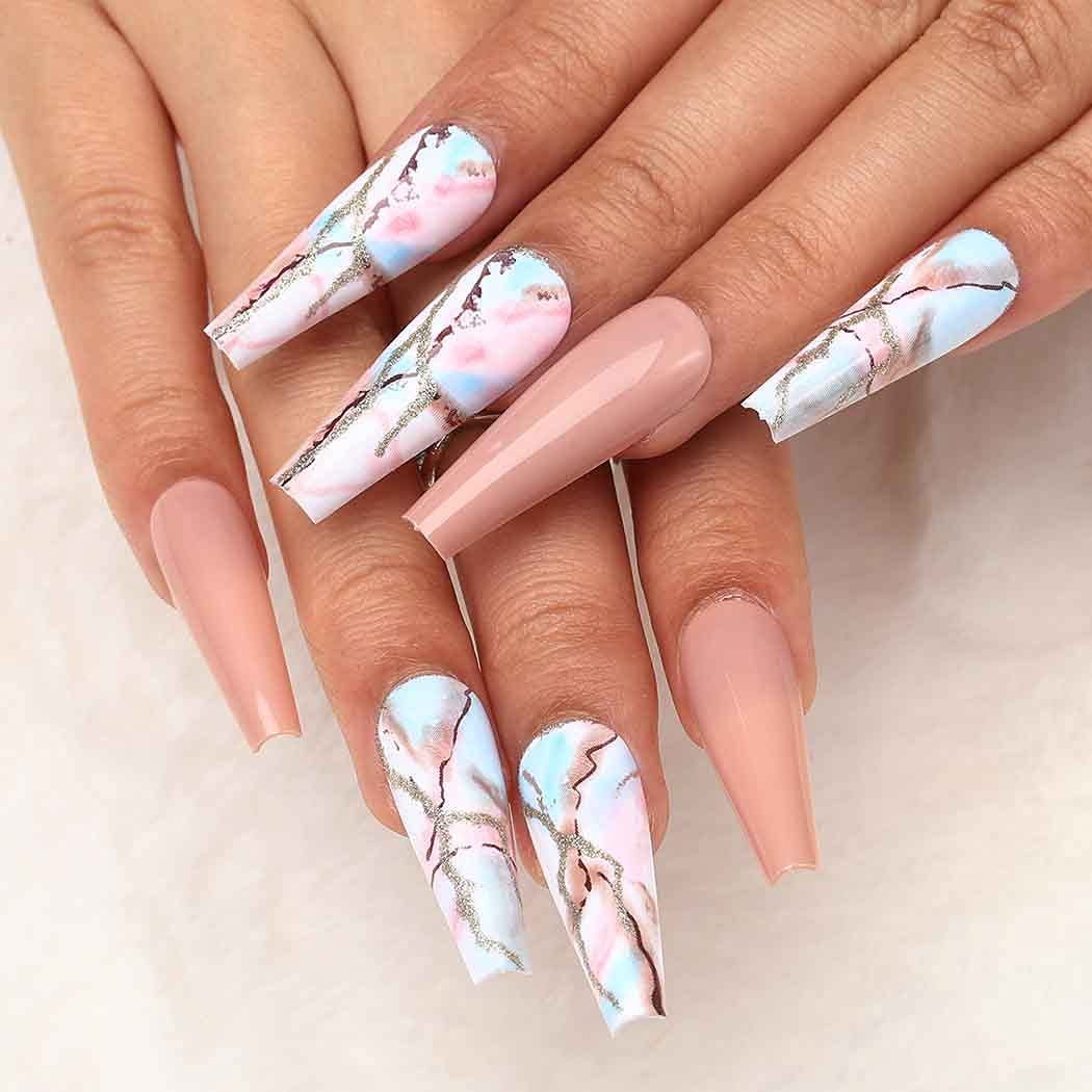 Outyua Marble Pattern Fake Nails Glossy Nude Coffin Extra Long Press on Nails with Designs Ballerina Acrylic False Nails Full Cover Nails 24pcs