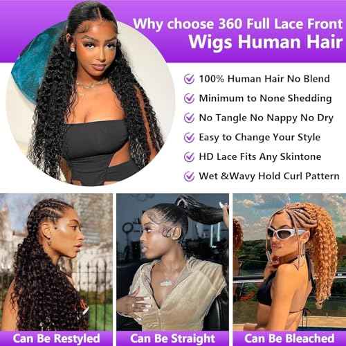 360 Deep Wave Lace Front Wigs Human Hair 28 Inch Curly Wig Hidden Strap HD Full Lace Human Hair Wigs Pre Plucked with Drawstring 180% Density Deep Curly Glueless Wigs Human Hair for Women