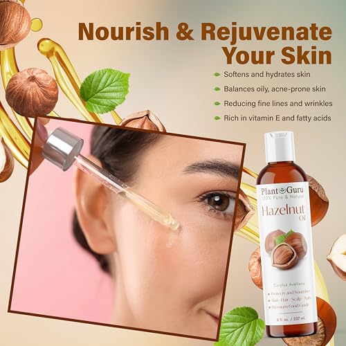 Plant Guru Hazelnut Oil 16 fl. oz. Cold Pressed 100% Pure Natural Carrier - Skin, Face, Body And Hair Growth Moisturizer. Great For DYI Cream, Lotions and Lip balm.