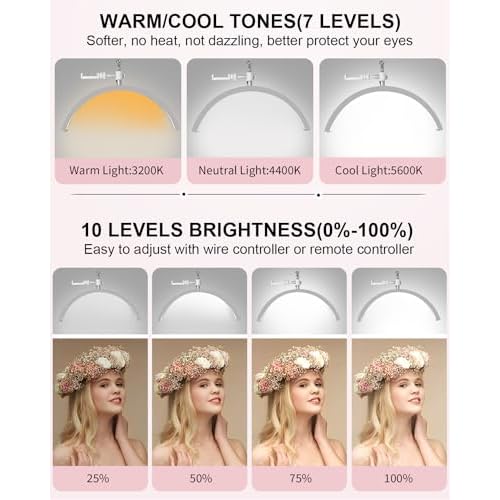 Half Moon Light for Lashes, Lash Light Lamp with Wheels & Phone Holder, Half Moon Lamp for Esthetician, Tattoo Lighting, Nail Tech, 7 Cool/Warm Tones, Adjustable Brightness & Height