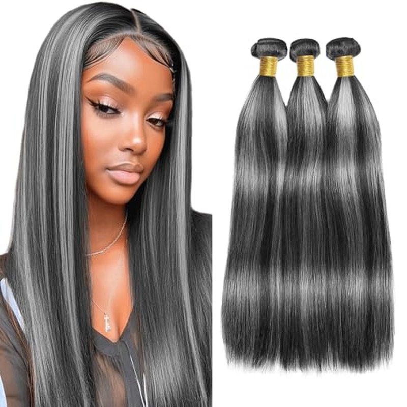 P1B Gray Straight Human Hair Bundles 22 24 26 Inch