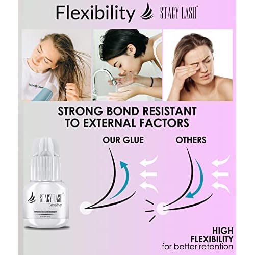 Stacy Lash Sensitive Eyelash Extension Glue 10ml & STL-10 Curved Tweezers for Extensions/Black Adhesive 5-6 Sec Drying Time/Angled Tips/Precision Stainless Steel Tool/Professional Supplies