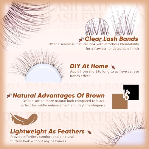 Brown Lash Clusters Natural Eyelash Clusters Wispy Individual Lash Extensions Brown Eyelash Extensions with Clear Bands Short DIY Eyelash Extensions at Home 100Pcs 8mm-16mm