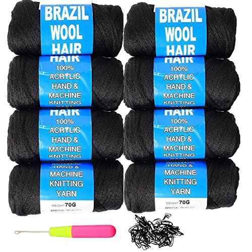 Brazilian Wool Hair Acrylic 100% 8 Pack for African Crochet Braid/Box Braids/Jumbo Braiding/Senegalese Twist/Faux Locs/Twist Wraps Synthetic Fiber Hair Extensions Natural Black Color