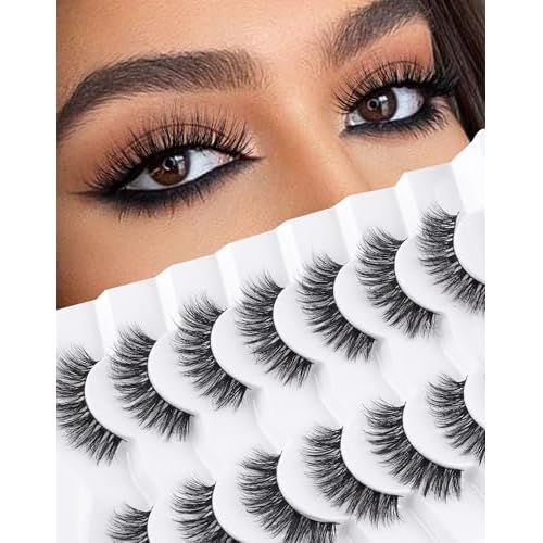 Lashes Wispy False Eyelashes Natural Look Fluffy Mink Lashes Doll Eyelashes Thick Faux Mink Eyelashes C Curl Fake Lashes 14MM 7 Pairs