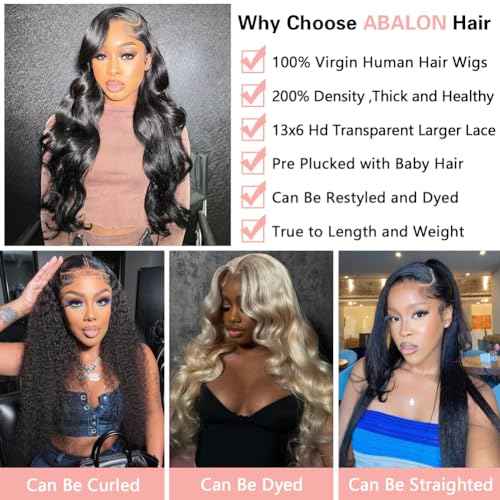 ABALON 13x6 Body Wave Lace Front Wigs Human Hair 200% Density 26 Inch HD Lace Frontal Wigs Human Hair Pre Plucked Body Wave Wig Glueless Wigs for Women Brazilian Virgin Human Wigs