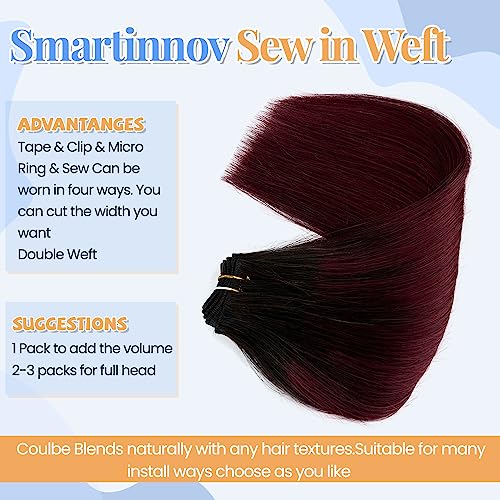 1B99J Sew in Hair Extensions Real Human Hair Wine Red Bundles Burgundy with Dark Roots Hand Tied Weft Hair 100g 16Inch Double Weft Silky Straight Ombre Sew in Hair Bundles for Women