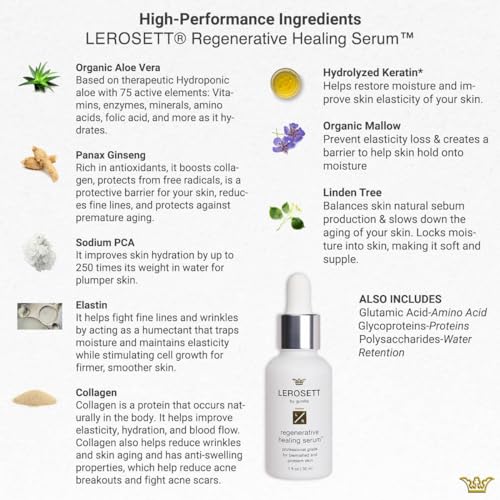LEROSETT Healing Hydration Serum ? Aloe, Ginseng & Collagen-Based Complex for Pimples, Irritated Skin, Blemishes & Post-Breakout Scarring ? Plant-Based, Spa-Grade, Concentrated, 1 oz