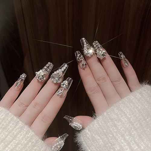 24Pcs Medium Press on Nails Large 3D Rhinestones Artificial Nails White Fake Nails Glossy False Nails Pearl Press on False Nails Handmade Manicure Designed for Beautiful Women Glitter