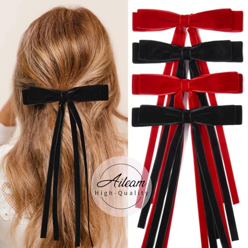 4PCS Velvet Hair Bows Ribbon Hair Clip Black Red Ponytail Holder Accessories Slides Metal Clips Barrettes Girls Toddlers Teens