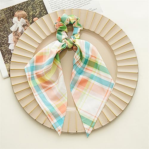 Beige and Black Chiffon Scrunchies with Bows, Ribbon Hair Ties and Ponytail Holders for Women and Girls (Plaid, Flower - 4Pcs)