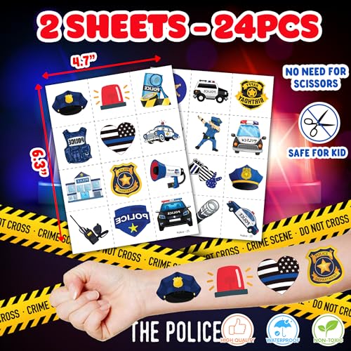 36PCS Police Party Favors - 24PCS Pre-Cut Temporary Tattoos & 12PCS Stamps - Ideal Police Officers Cops Themed Birthday Card Decorations Supplies Goodie Bag Kids Gifts Classroom Rewards Prizes