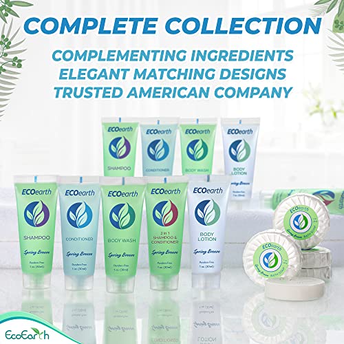 EcoEarth Hotel Toiletries Bundle (Spring Breeze, 1 oz Each, 125 Pieces) 5-Piece Set: 25 Each Round Bar Soap, Shampoo, Conditioner, Body Lotion & Body Wash - Bulk Mini Guest Amenities