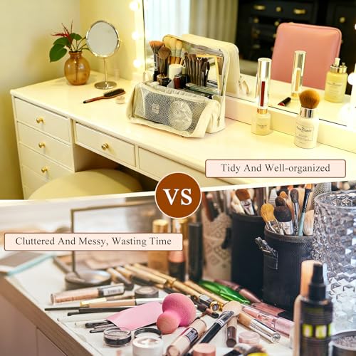 Standing Makeup Bag, Multifunctional Large Capacity Makeup Bag with Compartments,Waterproof Portable and Foldable Travel Makeup Storage Bag for Women (Beige)