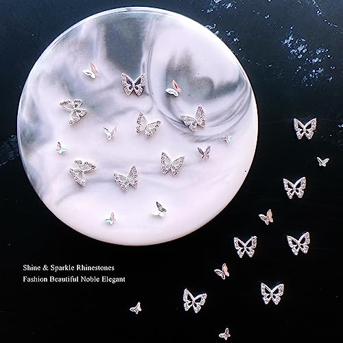 60 PCS 3D Butterfly Nail Charms Alloy Sliver Nail Charms with Rhinestones Crystal Nail Art Charms for Nails DIY Manicure Jewelry Accessories Women Girls Nail Supplies