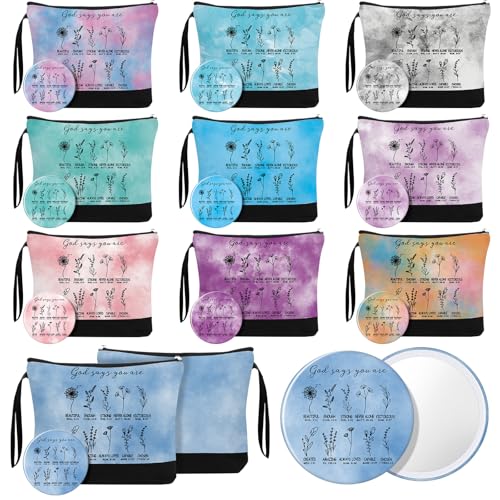 Kacctyen 10 Sets Christian Gift Bulk Christian Makeup Bag Religious Pocket Compact Mirror Inspirational International Women's Day Bible Verse Cosmetic Bag with Zipper for Church Member (Classic)