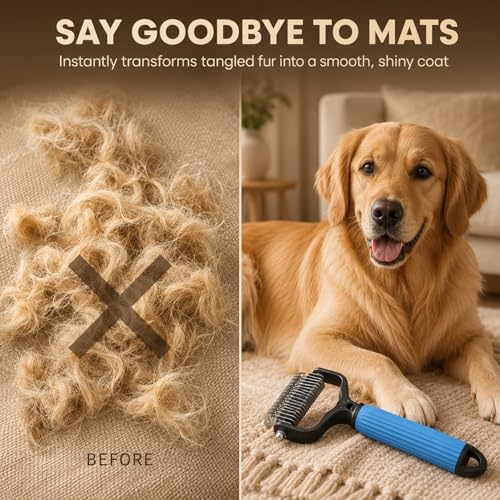Double Sided Pet Dematting Comb & Undercoat Rake for Dogs & Cats