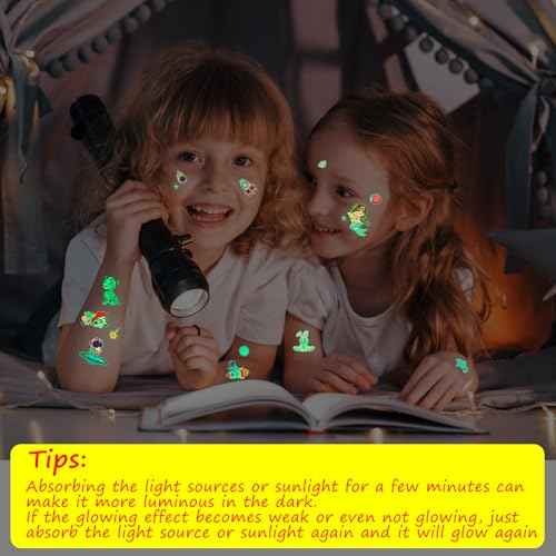 Luminous Tattoos for Kids, 200+ Mixed Styles Temporary Tattoos Stickers Set for Girls and Boys, Space Dinosaur Animals Butterfly Tattoos for Kids Birthday Party Supplies