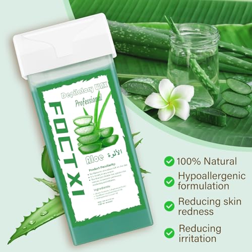 Roll on Wax Cartridge, 4 Hair Removal Aloe Vera £×ax Cartridge with 10 Pack Cleaning Oil Wipes, Depilatory Wax Roller Refill for Women Sensitive Skin