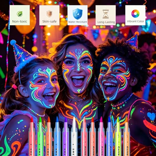 UV Neon Face Paint Markers - 6 Dual-Ended Pens, 12 Colors
