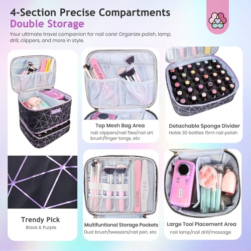 SAVILAND Nail Polish Organizer Bag: PU Leather Nail Kit Organizer Holds 30 Bottles & Nail Lamp, Black Nail Supply Organizer Nail Polish Carrying Case Gel Nail Organizers and Storage Box for Nail Tech
