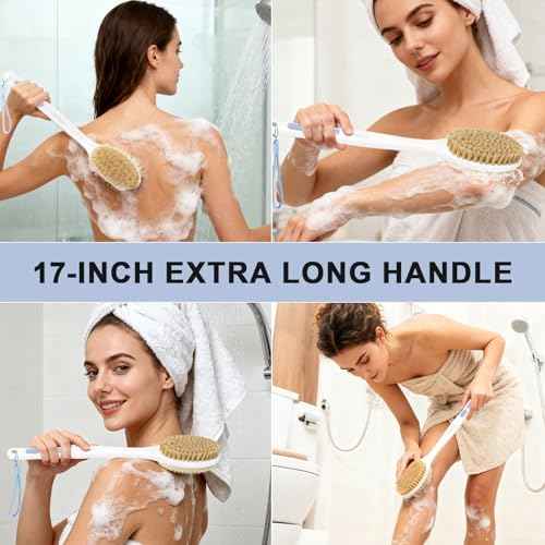 Back Scrubber for Shower with Long Handle, Exfoliating Bath Brush for Body - Double Sided Bristles (Stiff & Soft), Anti-Slip Grip, Lightweight - Gift for Seniors, Includes Lanyard & Hook, Blue