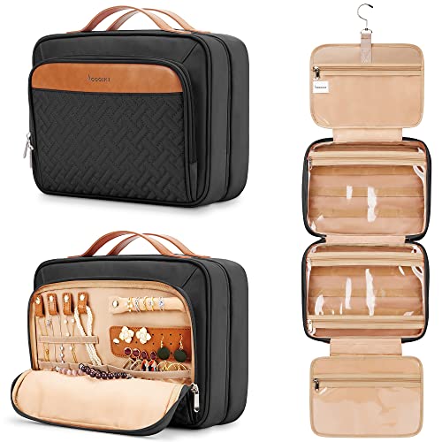 Travel Hanging Toiletry Bag for Women, Holds Full-Size Shampoo, with Jewelry Organizer Compartment, Extra Large Makeup Bag, Waterproof Cosmetic Bag, Toiletries Kit Set with Trolley Belt, Black