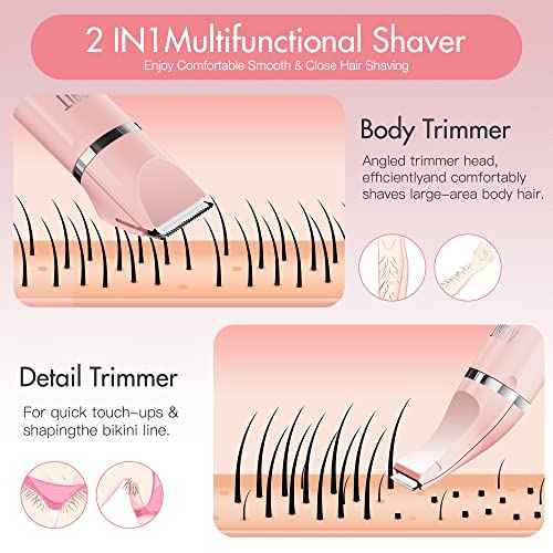 Electric Bikini Trimmer for Women - 2 in 1 Electric Lady Pubic Hair Groomer Painless Hair Removal Razor Body Shaver, Portable Ladies Shaver with 2 Trimmer Heads, IPX7 Waterproof