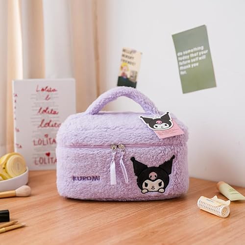Kuromi Plush Cosmetic Bag Makeup Pouch Travel Portable Vanity Case Organizer with Handle
