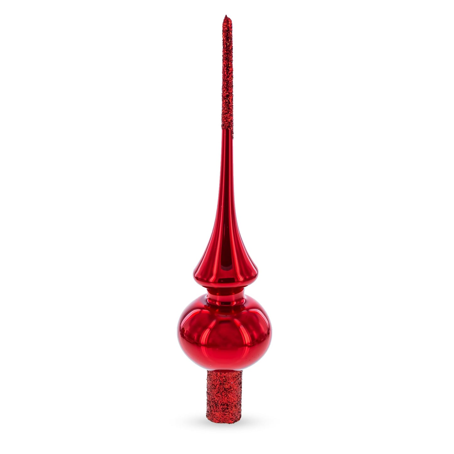 Glossy Red with Sparkling Top Mouth Blown Glass Christmas Tree Topper 11 Inches