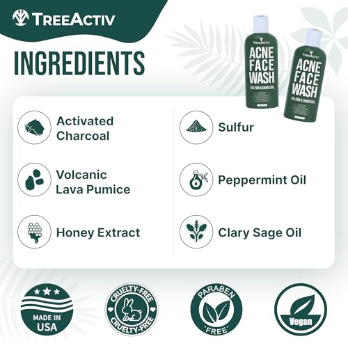 TreeActiv Charcoal Acne Exfoliating Face Wash | Hydrating Sulfur Cleanser for Pimple, Zit, Whitehead, & Blackhead | Facial Treatment for Hormonal & Cystic Acne | Teen & Adult Milia Remover | 425+ Uses