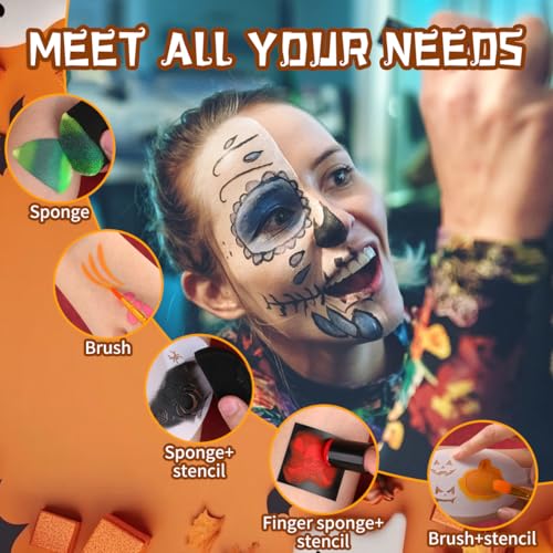 63 pcs Halloween Face Painting Stencils Kit, 38 pcs Reusable Face Body Paint Stencils Templates, 10 Brushes, 13 pcs Sponges, 2 Black Gems for Halloween Makeup Depvision Face Paint Accessory Kit