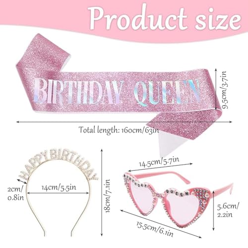 Pink Birthday Queen Sash with Sparkling Crystal Headband & Heart Sunglasses - 21st, 25th, 30th, 40th, 50th, 60th Women Party Accessories