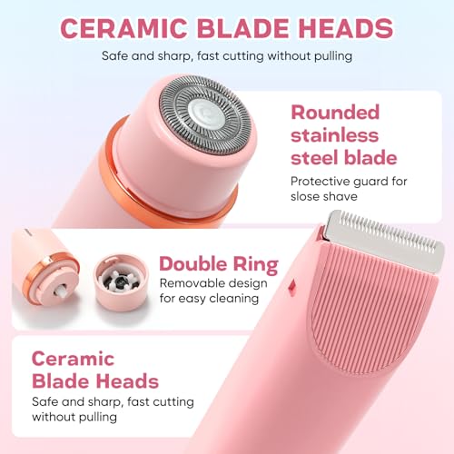 2 in 1 Women Electric Shaver Dual Head Bikini Trimmer for Women IPX7 Waterproof Wet & Dry Use Body Hair Trimmer and Facial Hair Remover for Bikini Underarm Leg Arm Body Face