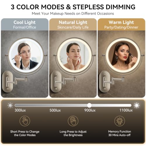 Auxmir 8-Inch Wall Mounted Makeup Mirror 30X Magnification, Rechargeable, Nickel Finish